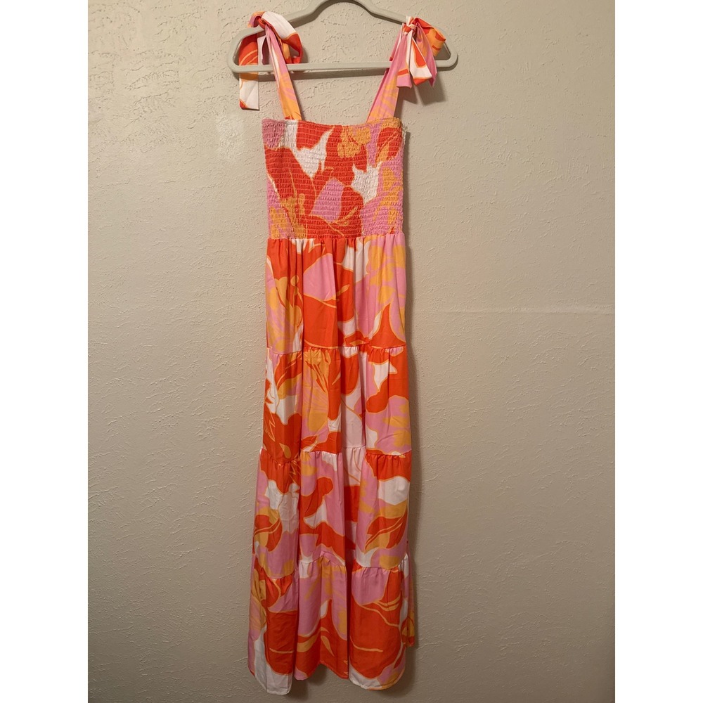 Sunday Up Womens Orange Pink Floral Smocked Tie Strap Ankle Length Maxi Dress L